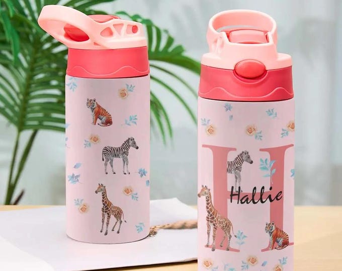 12oz Water Bottle with Straw Personalized Animal Jungle Design Birthday Gift for Kids Durable Leak-Proof BPA-Free