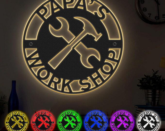Workshop Metal Sign Custom Father's Day Gift with LED Lights, Personalized Wall Art for Dad's Workshop Decor, Man Cave Sign