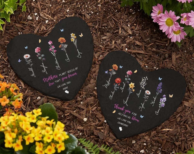 Birth Flower Stone Personalized Garden Stone for Grandma Mother’s Day Gift Custom Birth Flowers Memorial