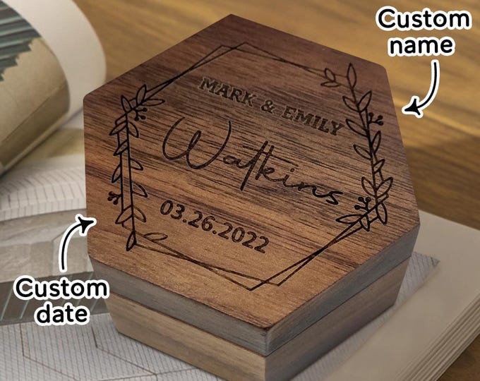 Wooden Jewelry Box - Customized Hexagon Wedding Ring Box, Unique Gift for Brides & Grooms, Rustic Decor, Wedding Accessories