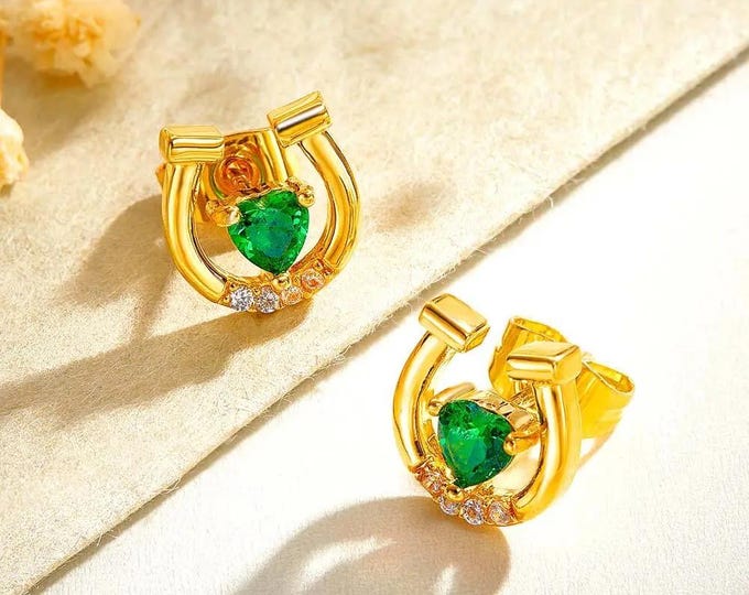 Horseshoe Earrings Personalized Heart Birthstone Jewelry Custom Gift for Horse Lovers Zircon Charm