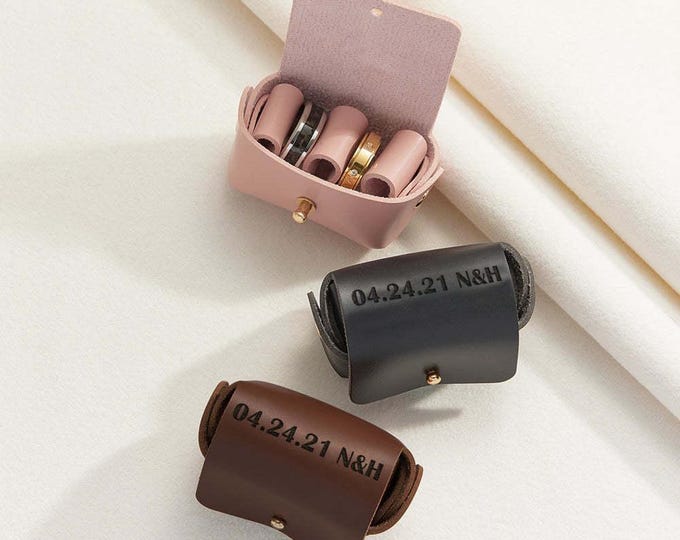Personalized Leather Wedding Ring Pouch | Custom Engraved Double Rings Box for Brides & Grooms