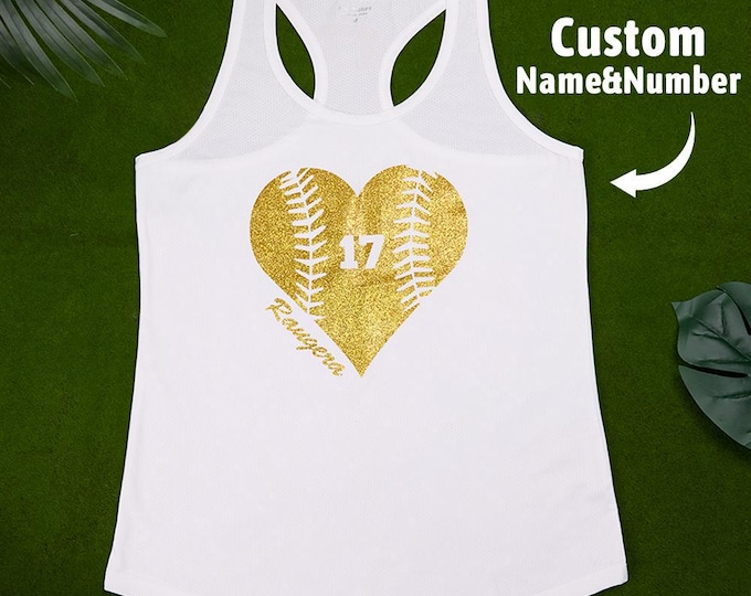 Tank Top Glitter Personalized Baseball Softball Heart Vest for Women - Sport Lovers Gift Casual Summer Shirt