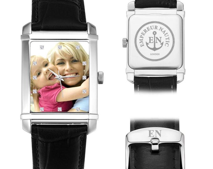 Rectangular Watch Men's Custom Engraved Buckle Genuine Leather Strap 40x33mm Classic Stylish Gift