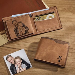 Billetera personalizada de cuero plegable con foto grabada, regalo personalizado para el Día del Padre, billetera delgada y duradera