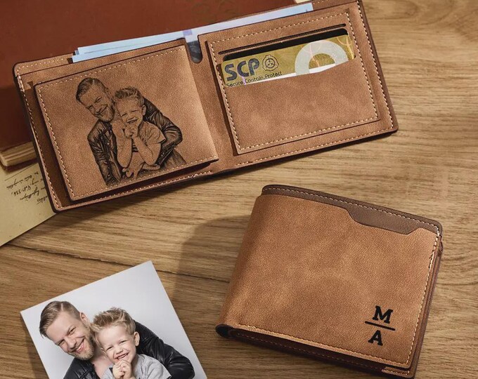 Personalized Wallet Bifold Leather Engraved Photo Customize Gift for Father's Day Slim Durable Wallet