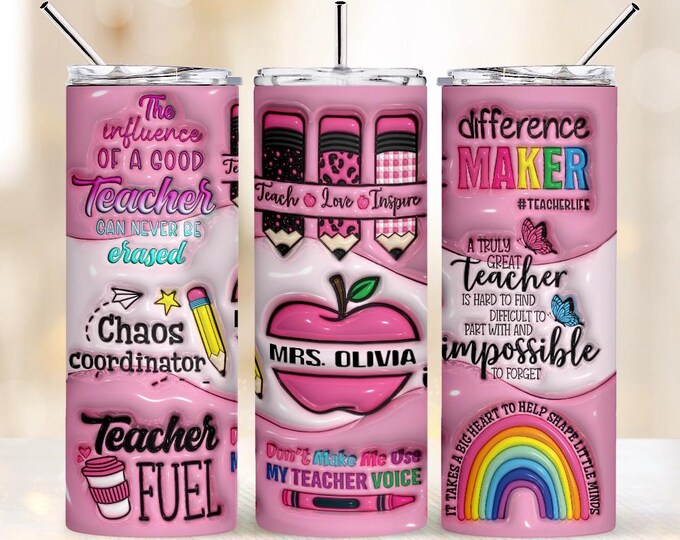 Apple Pencil Design 20oz Skinny Tumbler with Lid & Straw, Personalized Back to School Teacher Gift, Custom 3D Drinkware