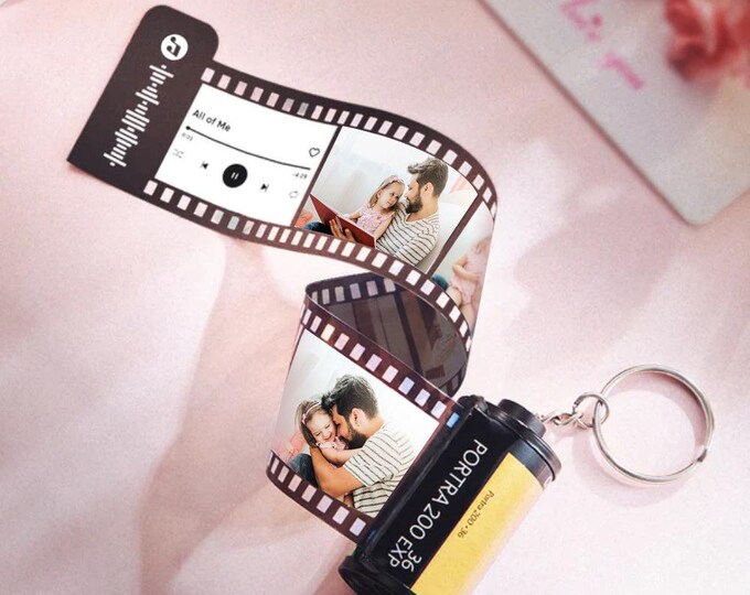 Camera Roll Keychain Custom Photo Film Roll with Music Code – Personalized Gift for Father, Unique Keepsake Dad Keychain