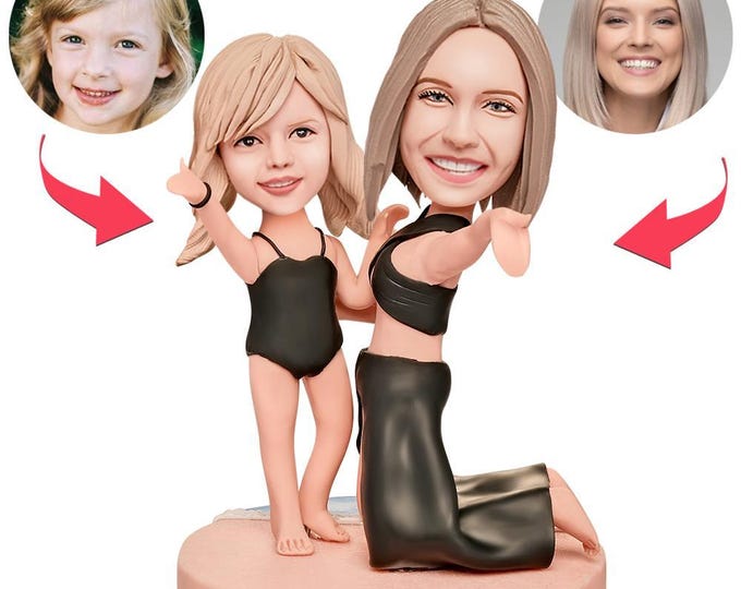 Mom Girl Bobblehead Custom Bobblehead in Swimsuits with Engraved Text Mother Daughter Gift Personalized Figurine Mothers Day Gift