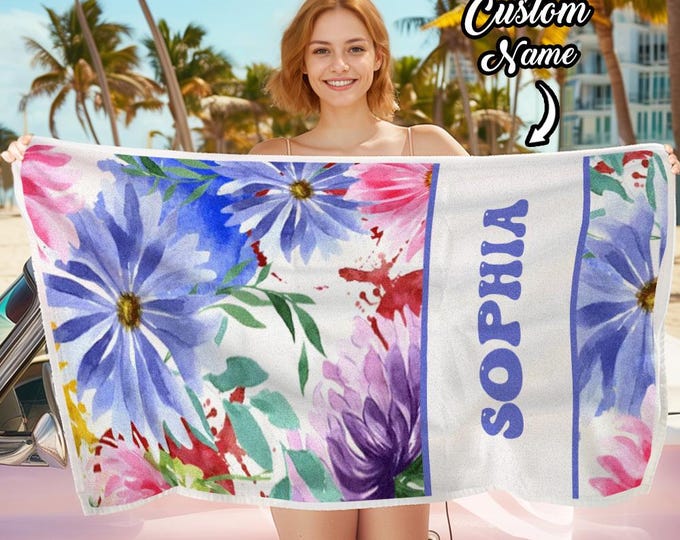 Towel with Name Personalized Watercolor Flower Beach Towel – Custom Beach Accessories Gift for Her, Lightweight & Soft