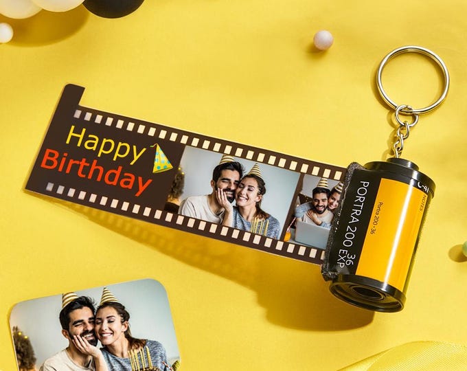 Film Roll Keychain - Custom Photo Camera Gift, Yellow Vintage Style, Personalized Birthday Keepsake for Photography Lovers