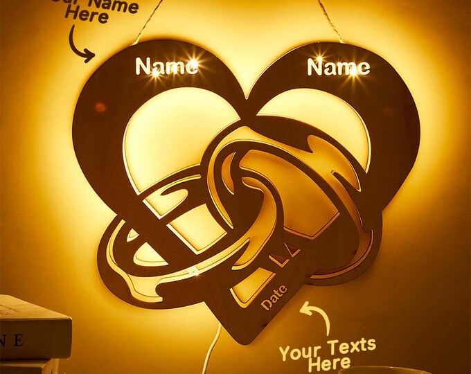 Infinity Wooden Lamp - Personalized Night Light for Couples, Custom Name & Date, Wedding Rings Design, Unique Gift for Him or Her