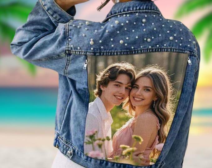 Photo Denim Jacket | Personalized Jean Jacket with Pearls | Custom Gift for Women | Unique Picture Jacket