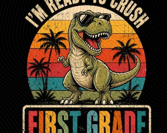 Ik ben klaar om de eerste klas te veroveren PNG, grappige T-Rex terug naar school PNG, dinosaurus T-shirtontwerp voor de eerste klas, retro leraar leerling download PNG