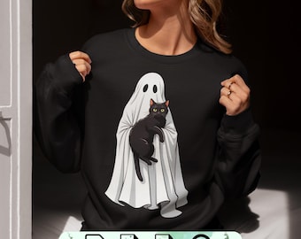 Vintage Halloween Ghost and Black Cat Graphic (PNG, SVG, PDF)