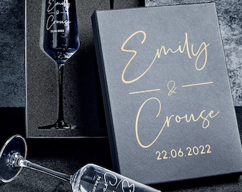 Verres à champagne personnalisés gravés pour EVJF avec boîte-cadeau : lot de cadeaux souvenir de fête de mariage pour garçons d'honneur et demoiselles d'honneur