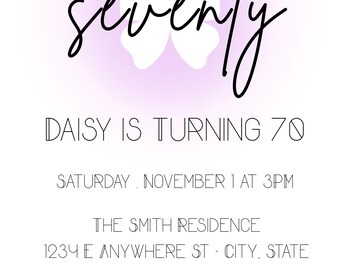 Plantilla elegante de invitación para 70 cumpleaños con diseño de mariposa: Lavanda (Descarga digital de Canva)