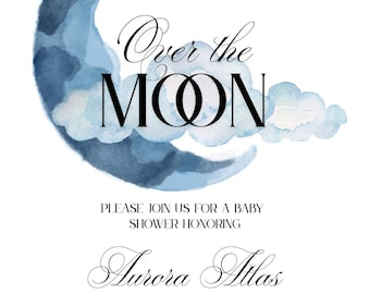Invitation baby shower lune bleue : modèle sur toile céleste (téléchargement numérique)