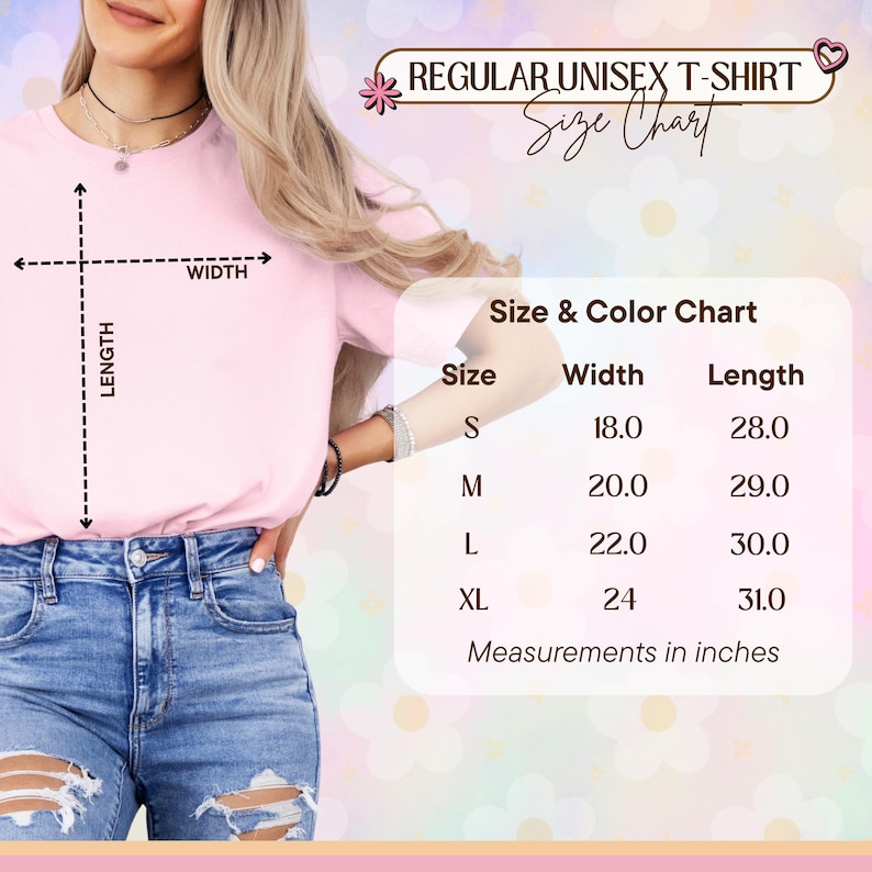 May include: A size chart for a regular unisex t-shirt featuring a light pink shirt with dashed lines indicating width and length. A table lists sizes S, M, L, and XL with corresponding width and length measurements in inches ranging from 18.0 to 31.0.