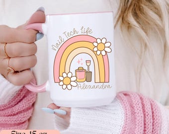 Personalized Nail Tech Mug - Rainbow Nail Polish Cup - Custom Name Gift for Nail Technician, Graduation, Birthday, Nail Artist Coffee Mug