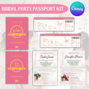 May include: A pink bridal party passport kit with various designs. Includes passport covers, boarding passes, and travel documents. The text includes names, dates, and the phrase "Bride Era".