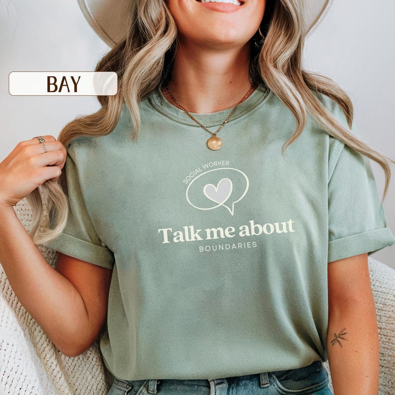 Talk To Me About Boundaries social worker t-shirt, Comfort Colors, therapist and LCSW MSW gift, school social worker and counselor shirt, mental health worker apparel, boundaries theme graphic tee for social work graduation and appreciation gifts.