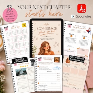 May include: A digital 13-week glow up journal kit in PDF format for Goodnotes, featuring multiple page layouts including a bingo board, mission lists, character energy trackers, and dream inventory sheets with illustrations of a person and stars.