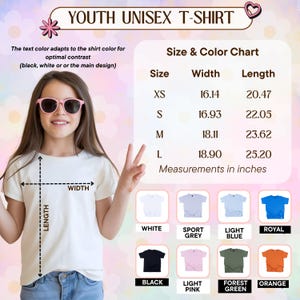 May include: A youth unisex t-shirt size and color chart featuring a white t-shirt with width and length measurement lines. The chart lists sizes XS to L with measurements in inches. Available colors include white, sport grey, light blue, royal, black, light pink, forest green, and orange.