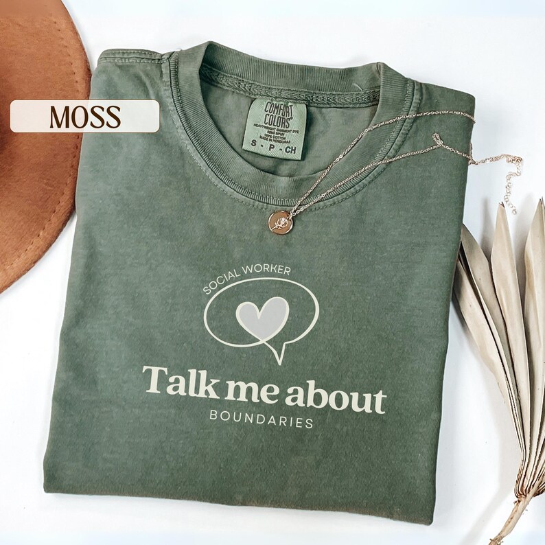 Talk To Me About Boundaries social worker t-shirt, Comfort Colors, therapist and LCSW MSW gift, school social worker and counselor shirt, mental health worker apparel, boundaries theme graphic tee for social work graduation and appreciation gifts.