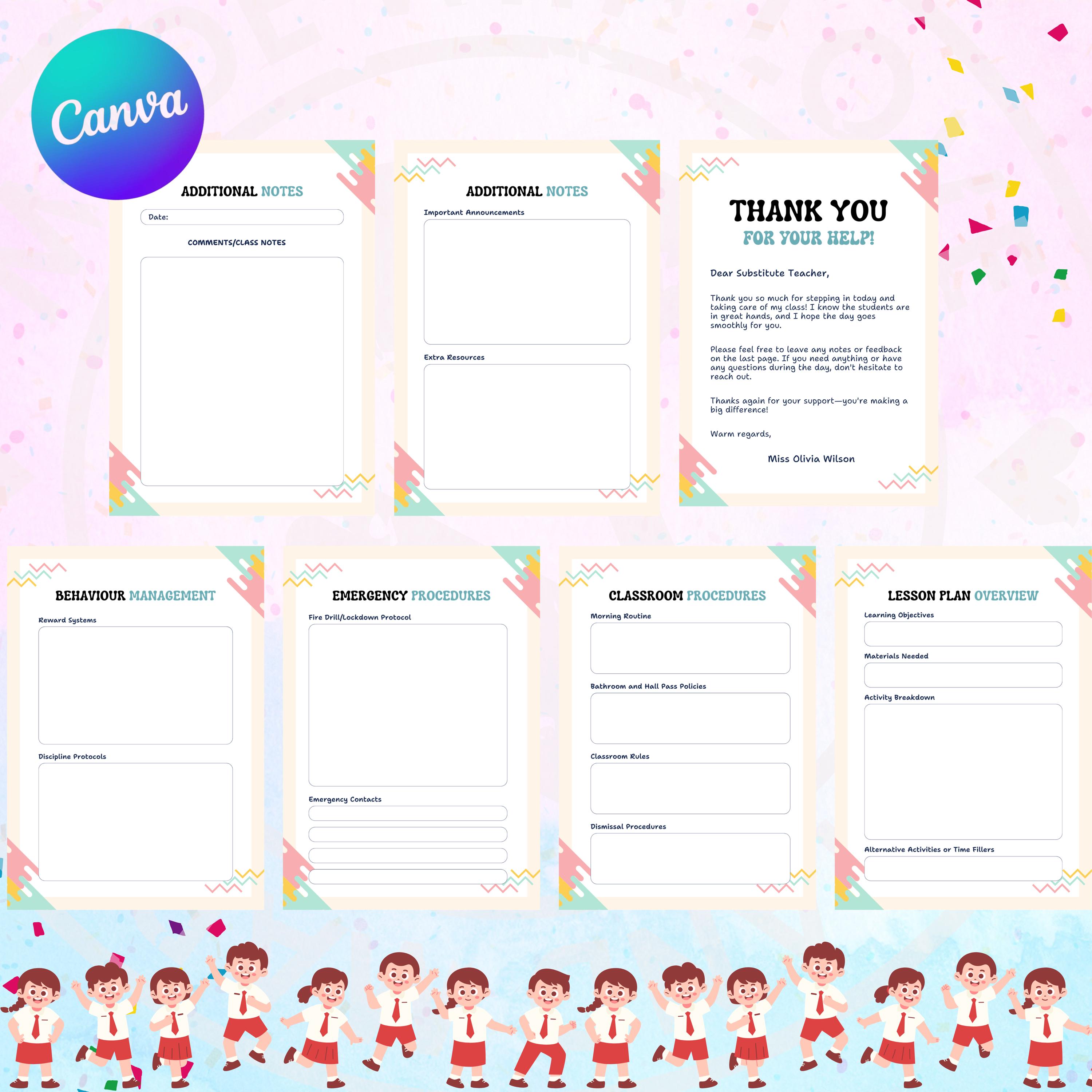 Substitute Teacher Planner, Editable Canva Template (digital Download ...