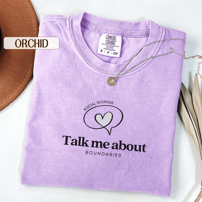 Talk To Me About Boundaries social worker t-shirt, Comfort Colors, therapist and LCSW MSW gift, school social worker and counselor shirt, mental health worker apparel, boundaries theme graphic tee for social work graduation and appreciation gifts.