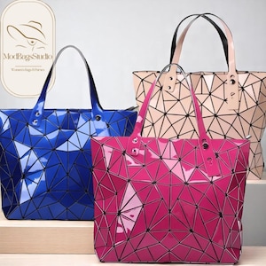 Holographische geometrische Einkaufstasche für Frauen – Große Silber Designer Schulter Geldbörse – Luxus Strand Handtasche – Trendige Reise Statement Tasche