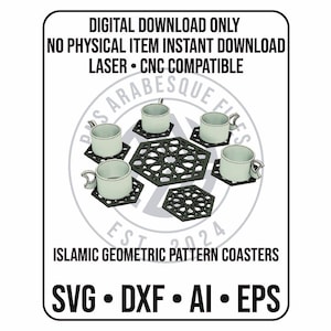 May include: Digital download of Islamic geometric pattern coasters. The image shows six white teacups with silver handles on black coasters with an intricate geometric design. The text includes "DIGITAL DOWNLOAD ONLY" and file type options.
