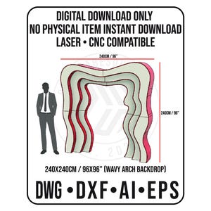 Op de afbeelding: Een digitale download van een golvende boogachtergrond, 240 cm bij 240 cm. Het ontwerp heeft rode, witte en beige lagen. Tekst geeft aan dat het laser- en CNC-compatibel is, beschikbaar in DWG-, DXF-, AI- en EPS-formaten.