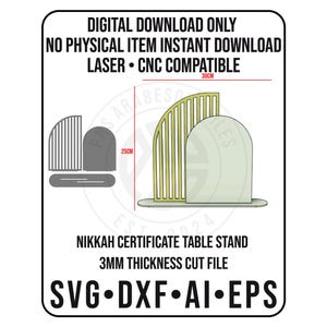 May include: Digital download of a Nikah certificate table stand design. The image shows a 3D model with a height of 25cm and a width of 30cm. The design is laser and CNC compatible, with file formats including SVG, DXF, AI, and EPS.