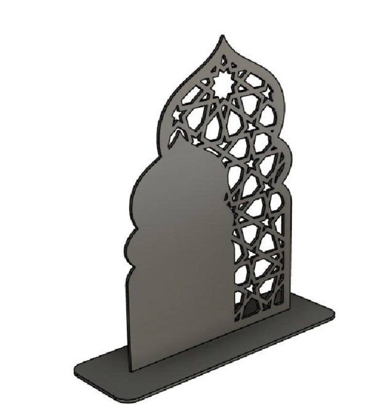May include: A grey, laser-cut decorative arch with an intricate geometric pattern. The arch is mounted on a rectangular base, creating a freestanding design. The top of the arch features a star-shaped design.