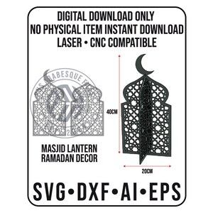 May include: A black Masjid lantern Ramadan decor design, 40cm tall and 20cm wide, with a crescent moon on top. The design is a digital download, laser and CNC compatible, available in SVG, DXF, AI, and EPS formats.
