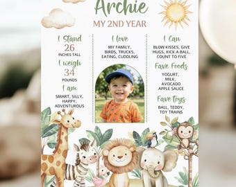 Safari Birthday Milestones Poster, Editable Canva Template, Kids Party Decor, Safari Jungle Animals, Baby  1st Year, DIGITAL DOWNLOAD S002