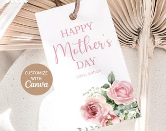 Mother's Day Gift Tags, Editable Canva Template, Soft Pink Flowers Mother's Day Cookies Favours Gift Tags, Size 2x3.5 in, DIGITAL DOWNLOAD