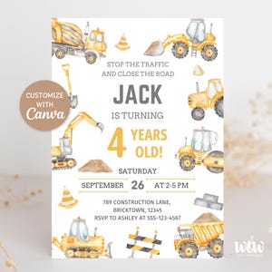 Faire-part d'anniversaire de construction, modèle de toile modifiable, invitation de camion de construction jaune, Invitation imprimable de fête de garçon TÉLÉCHARGEMENT NUMÉRIQUE