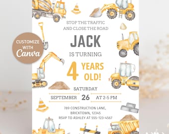 Invitación de cumpleaños con temática de construcción, plantilla editable de Canva, invitación con camión de construcción amarillo, invitación imprimible para fiesta de niño (DESCARGA DIGITAL)