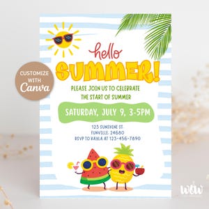Hello Summer Party Invitation, Editable Canva Template, Pool Party, Start of Summer, Kids Party Invite, Beach Tropical, DIGITAL DOWNLOAD