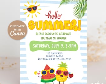 Invitación a fiesta de verano, plantilla editable de Canva, fiesta en la piscina, inicio del verano, invitación a fiesta infantil, playa tropical, descarga digital