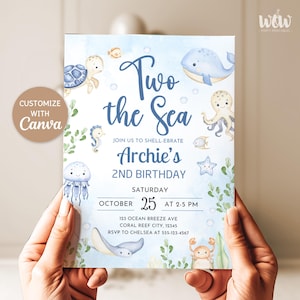 Two the Sea verjaardagsuitnodiging, bewerkbare Canva-sjabloon, uitnodiging voor feest zeedieren, nautische oceaan kinderen verjaardag uitnodigen digitale DOWNLOAD