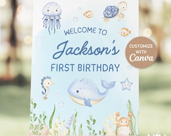 Under the Sea Birthday Welcome Sign, Editable Canva Template, Kids Nautical Ocean Themed Sea Animals Birthday Party Decor, DIGITA DOWNLOAD