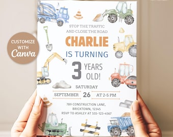 May include: Construction themed birthday party invitation with a watercolor illustration of construction vehicles, a shovel, and a pile of dirt. The invitation says "Stop the traffic and close the road, Charlie is turning 3 years old!"  The invitation also includes the date, time, and location of the party.