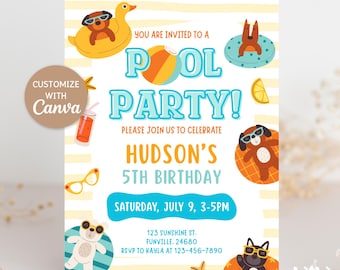 Invitación a fiesta de verano en la piscina, plantilla editable de Canva, fiesta de cumpleaños de verano, invitación a fiesta infantil en la piscina, playa tropical, descarga digital