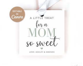 Etykiety na prezent na Dzień Matki, edytowalny szablon Canva, szałwiowa zieleń, słodkie etykiety Treat for Mom, kwadratowy rozmiar 2,5 x 2,5 cala, do pobrania cyfrowego