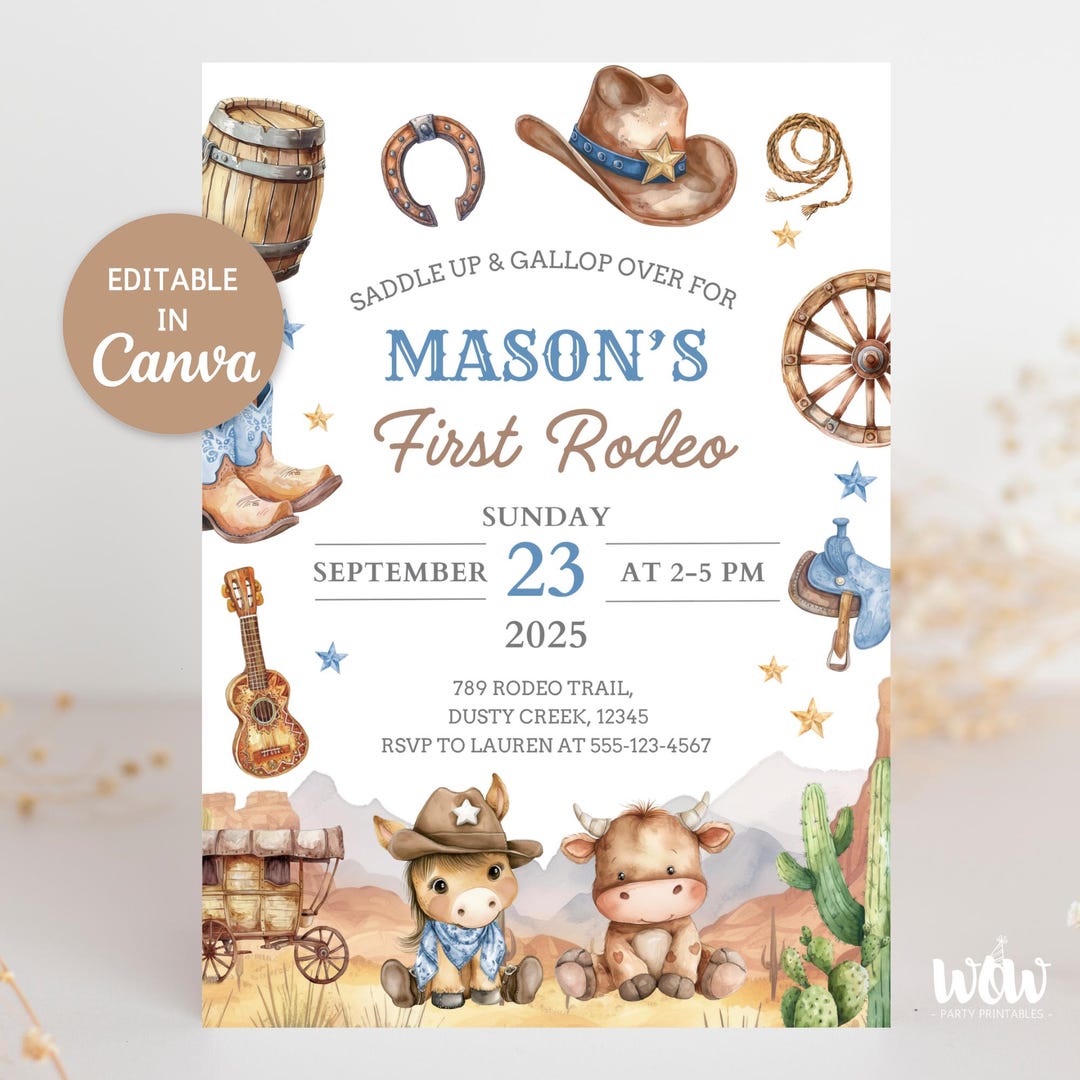 First Rodeo Invitation, Editable Canva Template, Toddler Baby Cowboy ...