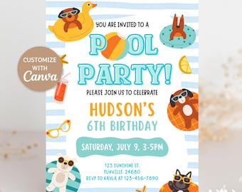 Invitación a fiesta de verano en la piscina, plantilla editable de Canva, fiesta de cumpleaños de verano, invitación a fiesta infantil en la piscina, playa tropical, descarga digital